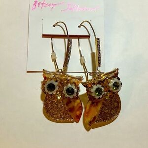 Betsey Johnson Glitter Owl Crystal Eyes Drop Earrings New